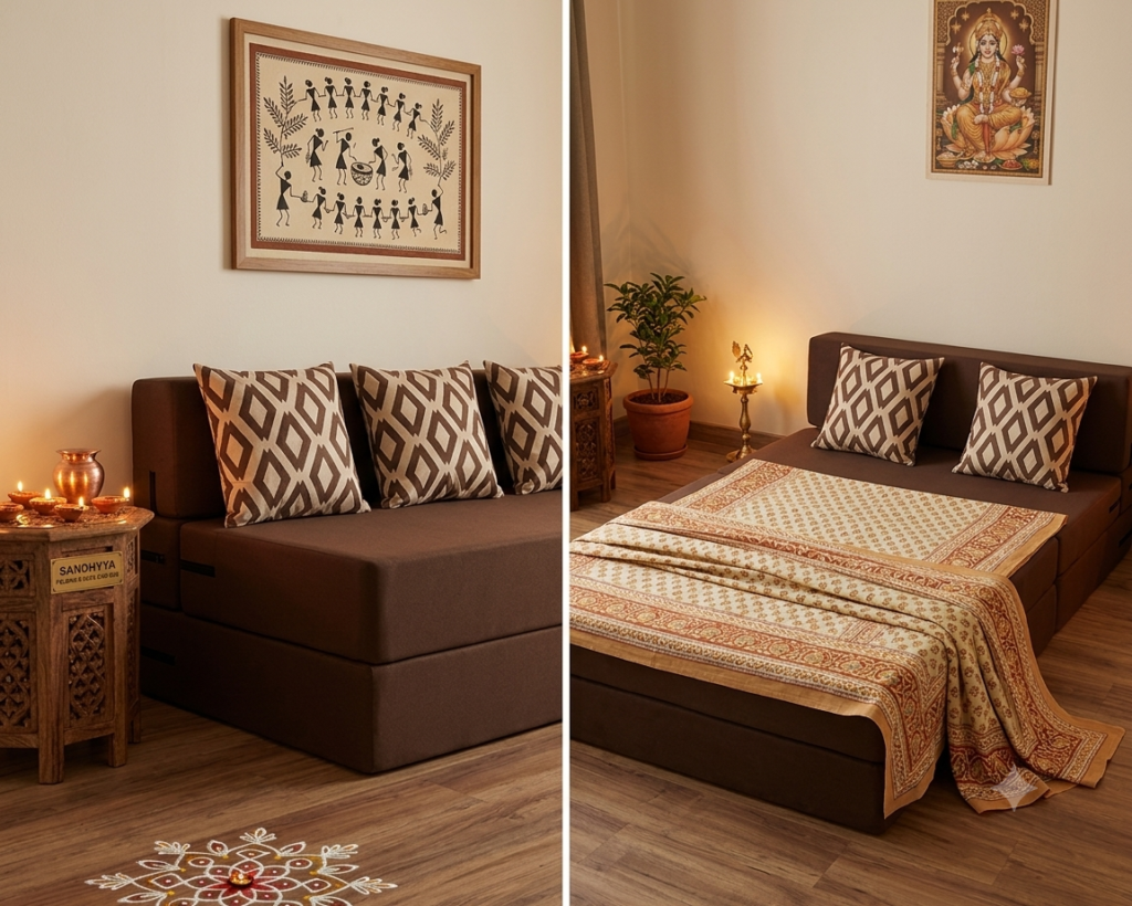 Adorn India foldable sofa cum bed in coffee brown displayed as both seating and sleeping solution, showcasing best small apartment decorating ideas for compact Indian living rooms with traditional rangoli and diya decor.