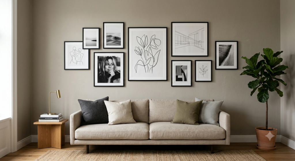 "Budget gallery wall with black frames β affordable luxury home decor for any living room"
