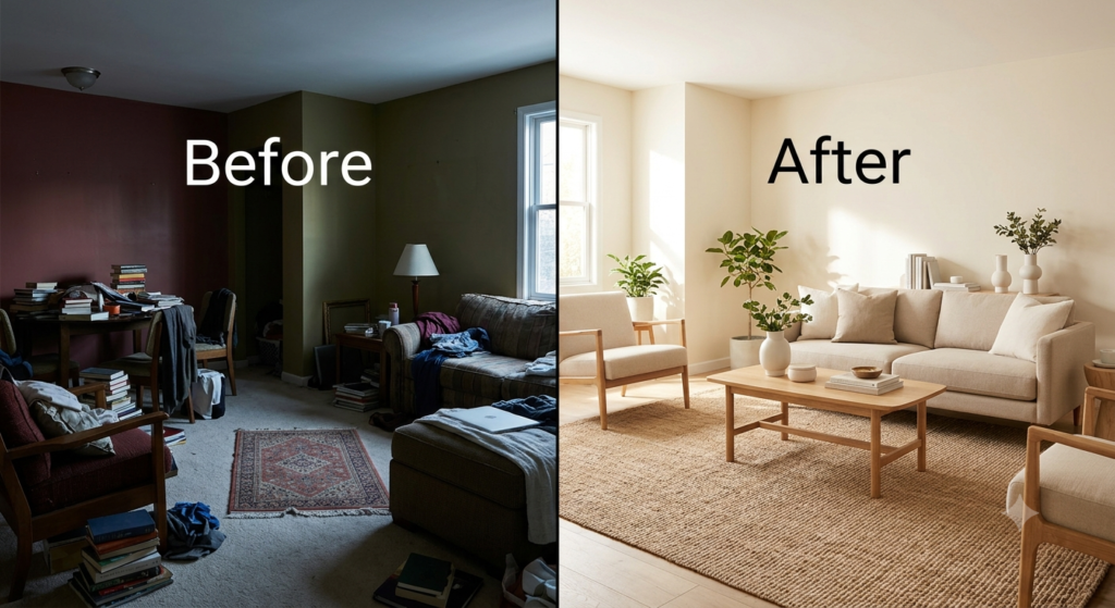 Common home decorating mistakes vs. luxury fixes β before and after comparison