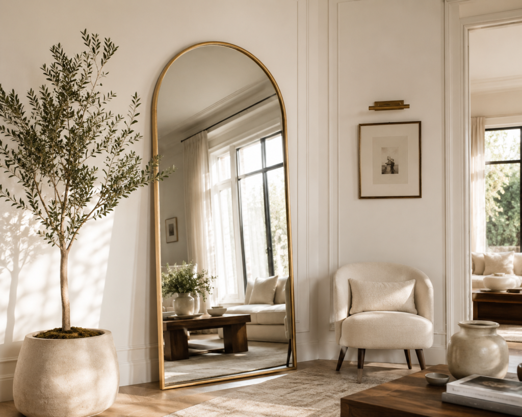 Large arched mirror leaning against wall — affordable luxury home decor idea