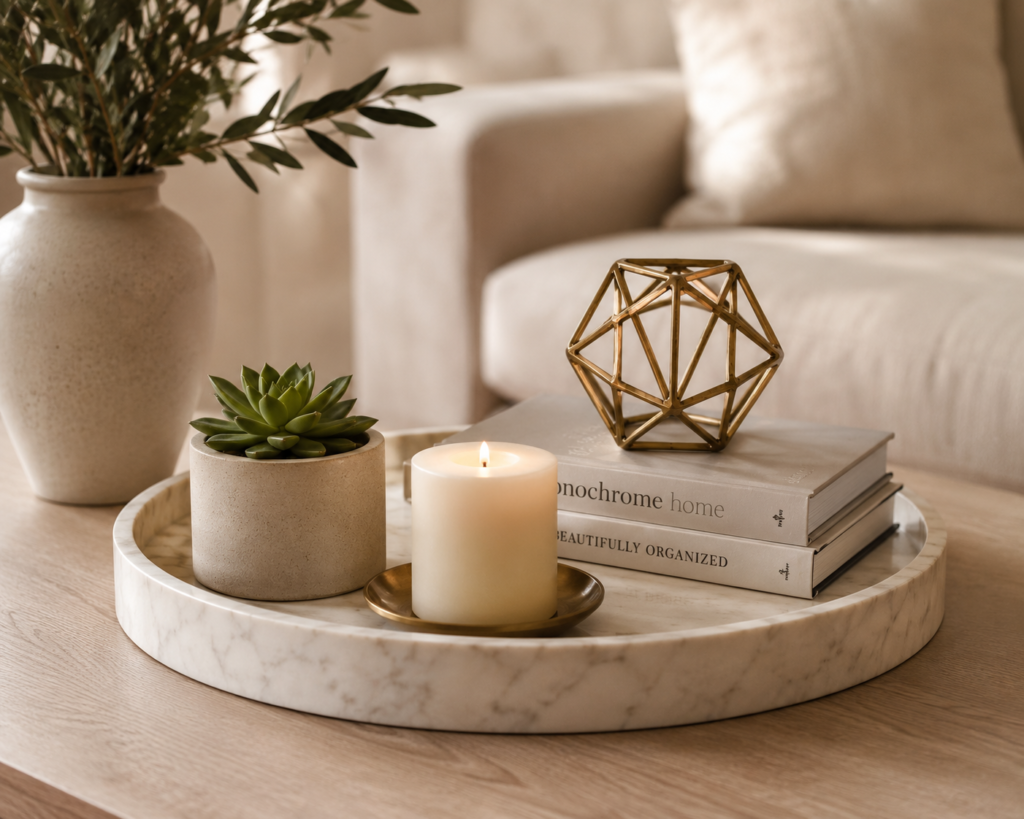 Marble decorative tray coffee table styling — luxury home decor on a budget tip