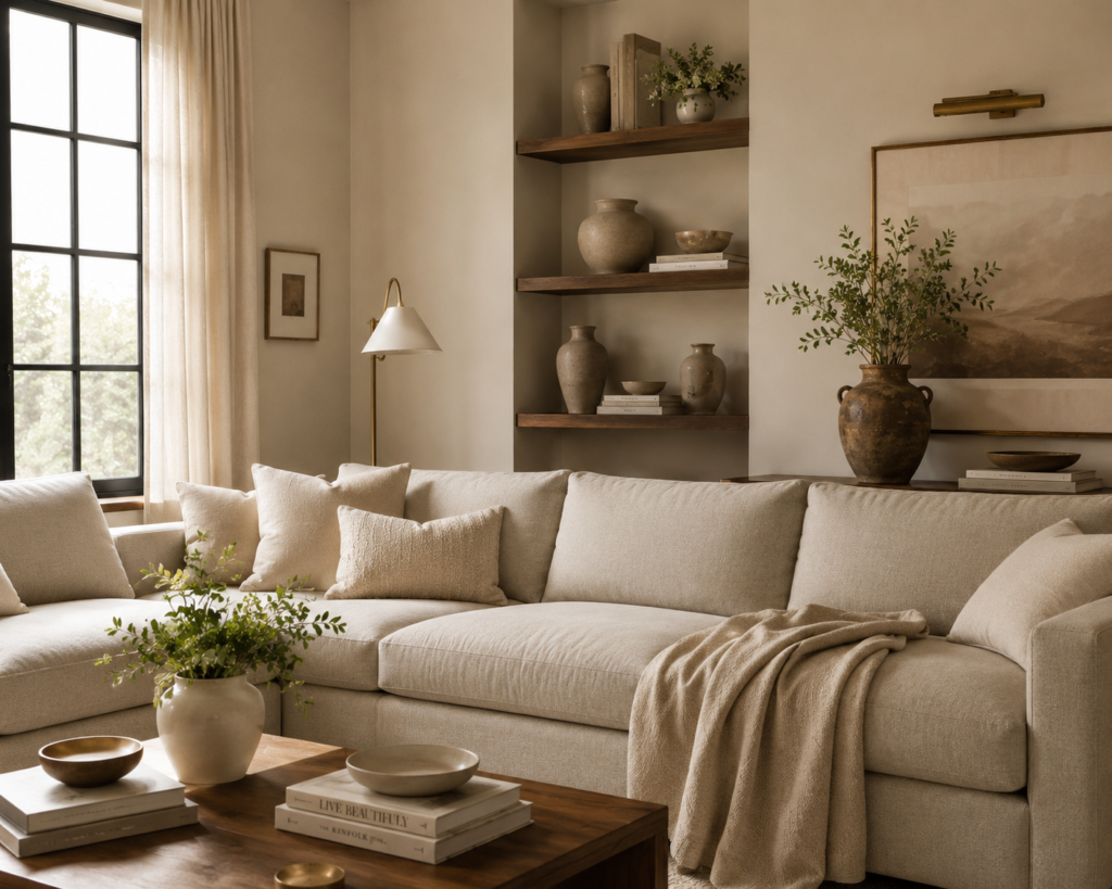 Neutral color palette living room — affordable luxury home decor on a budget