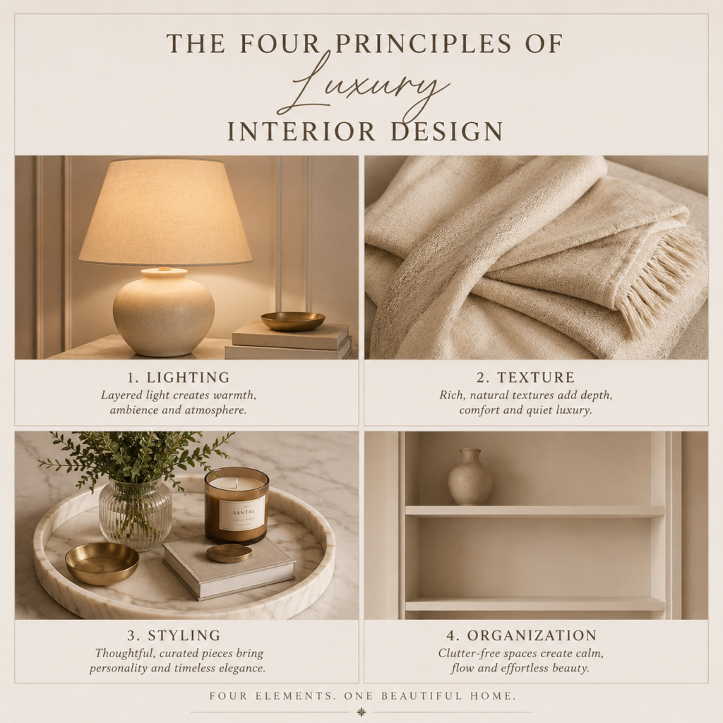 The four principles of affordable luxury home decor — lighting, texture, styling, and organization
