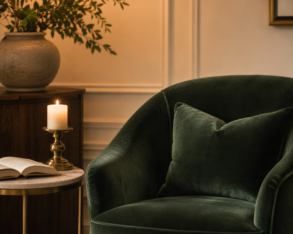 Velvet accent chair — budget luxury home decor idea for living rooms