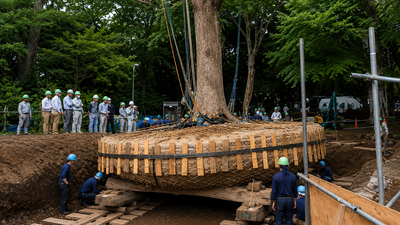 Japan does not cut down centuries-old trees for development. Instead, experts spend months preparing their roots and relocating them |