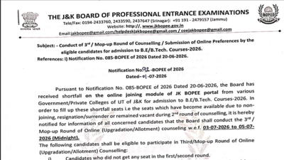 JKCET 2026 round 3 counselling begins at jkbopee.gov.in: Check complete details here