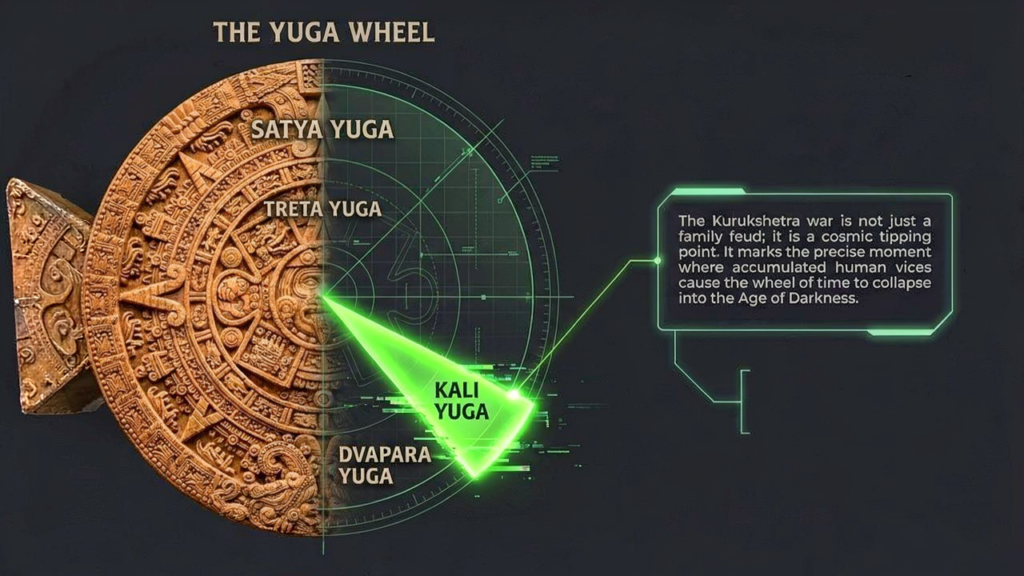 The Yuga Wheel infographic showing the four yugas with a marker on Kali Yuga